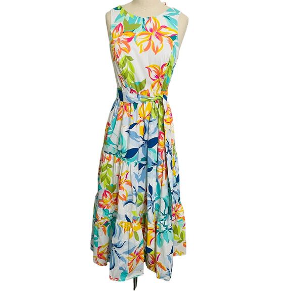 Tahari Tropical Floral Tiered Tie Back Midi Dress - Picture 3 of 10